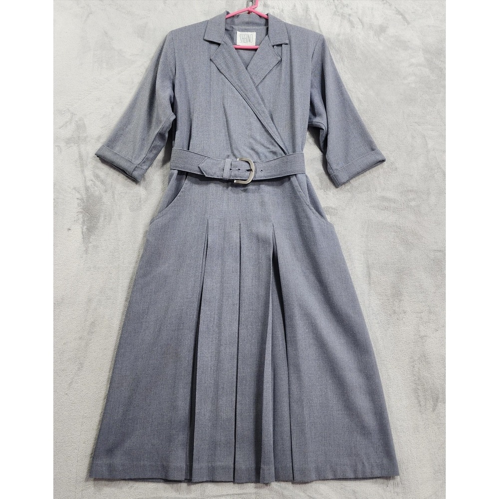 Vintage Sabino Dress Womens M Gray Collared 3/4 Sleeve Belted Pleated Midi